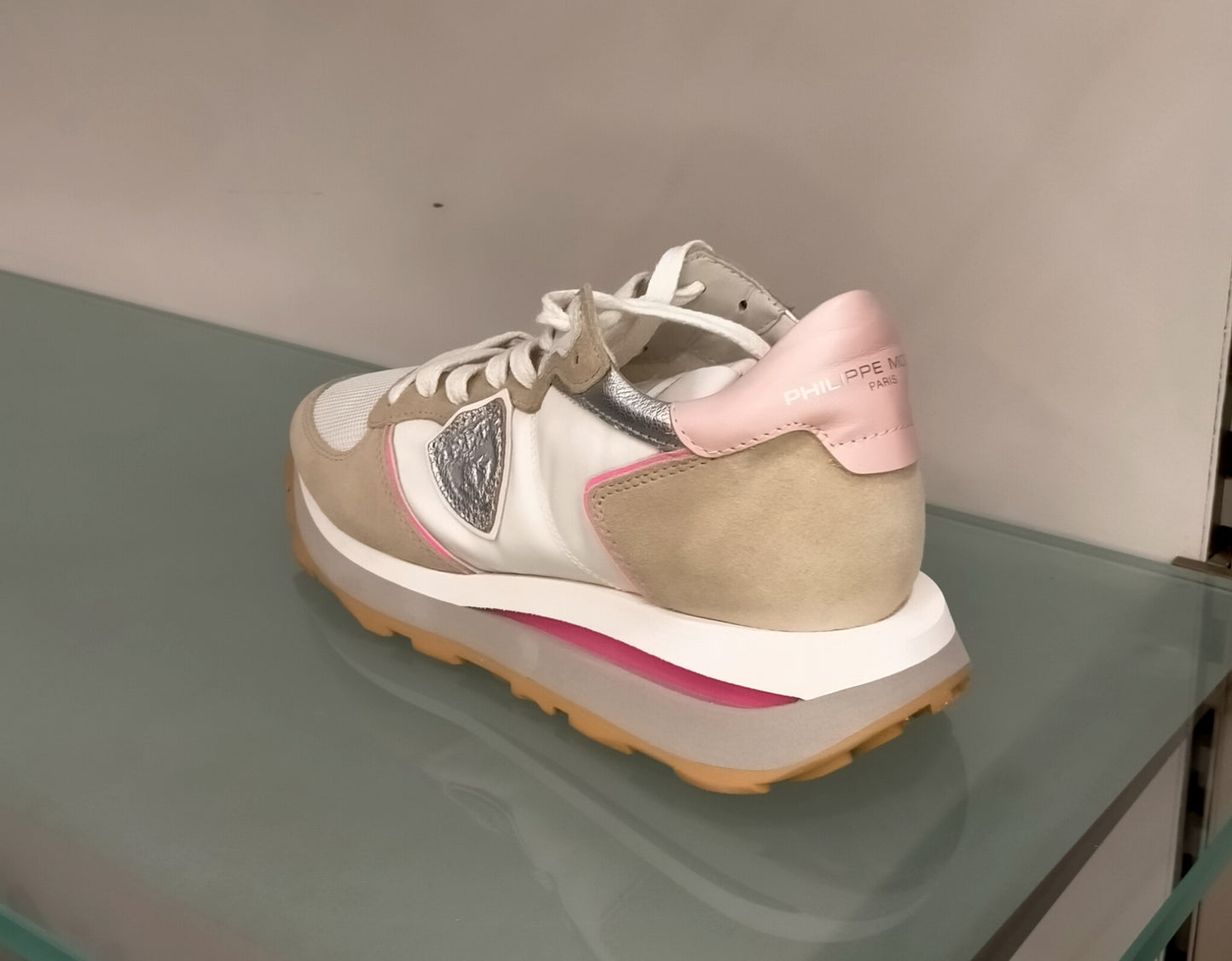 Sneakers PHILIPPE MODEL in tessuto bianco, camoscio beige, tallone pelle rosa